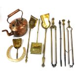 Victorian and later brass fire irons, a chestnut roaster, copper kettle, etc. (a quantity)