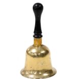 A Victorian brass bell, with a turned ebonised handle, bears registration lozenge and initials JE, 2