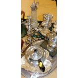 Various plated wares, to include a moulded glass claret jug with plated lid, trumpet vase, candelabr