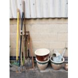 Various plant pots, galvanized metal watering can, garden tools, etc. (a quantity)