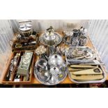 Various loose flatware, part tea services, ice bucket, Sheffield plate milk jug, sugar bowl, letter