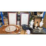 A Sheffield plate two handled tray, 60cm wide, silver plated salver, alabaster table lamps, a pair o