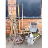 Various garden tools, to include rake, forks, spades, wheelbarrow, galvanised metal watering can, bu