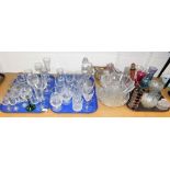 Various glassware, to include drinking glasses, decanter, coloured glass dish of square form, 22cm w