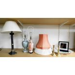 Three table lamps, a pair of brass candlesticks, 19cm high, cut glass rose bowl, mantel clock, etc.