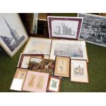 Various pictures, prints, etc., to include 19thC fashion prints, coloured engravings, a rural waterc