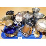 Various plated wares, to include an Art Nouveau design plated two handled sugar bowl, with blue glas