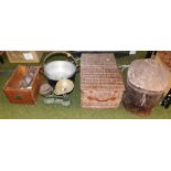 A tin military hat box, inscribed to Captain A D Owen (AF), a picnic hamper, preserve pan, set of sc