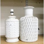 Two pottery white glaze table lamp bases.