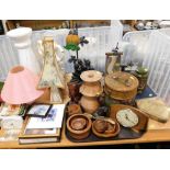 General household effects, to include table lamps, treen bowls, a Smiths mid century mantel clock, t