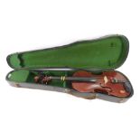 A Chinese violin, with two piece split back, in fitted carry case, 58cm long.