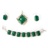 Three items of silver and malachite jewellery, comprising a bracelet set with six oblong malachite s