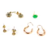 A group of earrings, comprising a pair of 9ct rose gold hoop earrings, a pair of 9ct cluster stud ea