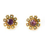 A pair of 9ct gold amethyst and seed pearl cluster earrings, with butterfly backs.