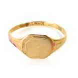 A 9ct gold signet ring, with octagonal panel, with engraved side, size O, misshapen, 1g.