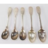 Five silver pattern teaspoons, each bearing deer crest, comprising a set of three, marked Wm Acheson