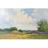 John Horwood (b1934) Figures in hay field with rolling landscape, signed, 26cm x 36cm, framed.