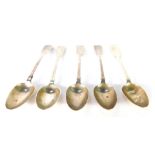 A set of six Victorian silver fiddle pattern serving spoons, each bearing initial P, London 1851, 11