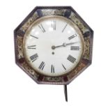 An early 19thC brass inlaid rosewood wall clock, with nulled octagonal bezel, painted convex dial wi