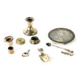 Assorted silver and plate, to include a silver circular photograph frame, silver dwarf candlestick w