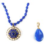 Lapis Lazuli jewellery, comprising a Lapis beaded necklace with circular pendant set with seed pearl