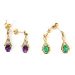 Two pairs of 9ct gold earrings, comprising a pair of emerald and diamond drop earrings, and a pair o