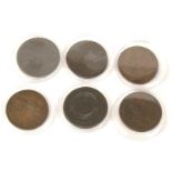 Six pennies and cartwheel pennies, 1797 Cartwheel Penny, 1811 Cornish Penny, 1847 Victoria Penny, 18