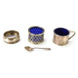 Silver and silver plated wares, comprising silver plated salt pot with blue glass liner, silver plat