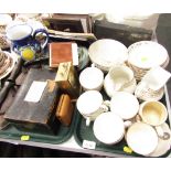 Part tea wares, cups and saucers, iron last, mantel clock, stoneware bowl, fans, picture frames, etc
