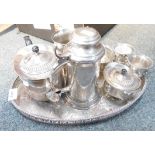 Silver plated wares, comprising oval serving tray, teapot, coffee pot, tankard, etc. (1 tray)