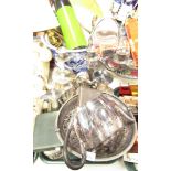 Silver plated wares, teapot, coffee pot, spoons, serving bowl, candle stand, etc. (1 tray)