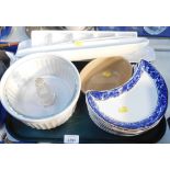 A group of eight crescent shaped dishes, blue and white with gilt edging, and other ceramics, includ