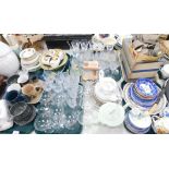 Household ceramics and glassware, drinking glasses, cheese dome, commemorative wares, teacups and sa