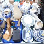 Blue and white wares, teapot, tureen, butter dish, ginger jar and covers, cups and saucers, Doulton