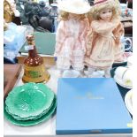 A Bells Old Scotch Whisky decanter, four Wedgwood cabbage leaf plates, a Royal Doulton Queen Elizabe