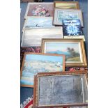 Pictures and prints, oil on board, seascapes, 20thC print, marquetry wall mirror, etc. (a quantity)