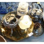 A silver plated serving tray, coffee pot, biscuit barrel, hot water bottle warmer, etc. (a quantity)