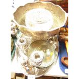 Silver plated wares, comprising oval serving tray, sugar shaker, candle stand, punch bowl, rose bowl