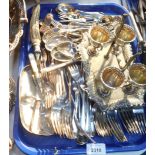 Various monogrammed Fiddle pattern silver plated cutlery, bearing initials M & B and a four bottle c