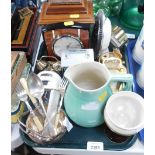 Various clocks, two mantel clocks, anniversary type clock, silver plated wares, etc. (1 tray)