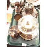 Silver plated wares, comprising silver plated biscuit barrel, teapot, milk jug, and sugar bowl. (1