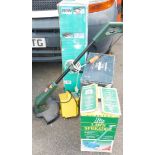 Lawn spreader, Bosch A715 4-16 hedge trimmer, Black & Decker strimmer, portable tool transformer, Me