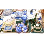 Collectables, including fishing tray and coasters, blue and white vase, green decanter, blue leaf