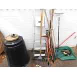 A black compost bin, aluminium stepladder, garden tools, seed trays, etc. (a quantity)