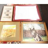 Pictures and prints, comprising two gilt framed oval painted glass pictures (AF), oil on canvas of a