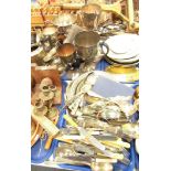 Silver plated wares, comprising silver plated trophies, cutlery, trays, etc. (2 trays)