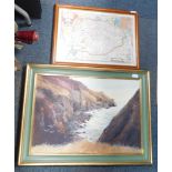 A Norwegian hand coloured map, and a Mary Wastie oil on canvas, framed. (2)