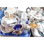 Silver plated wares, comprising rose bowls with swing handles, sugar scoop, goblets, etc. (1 tray)