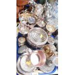 Silver plated wares, rose bowl, tankards, candlestick, teapot, etc. (2 trays)