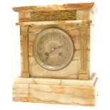 A late Victorian cream marble mantel clock, of architectural design with brass mounts, 11cm diameter